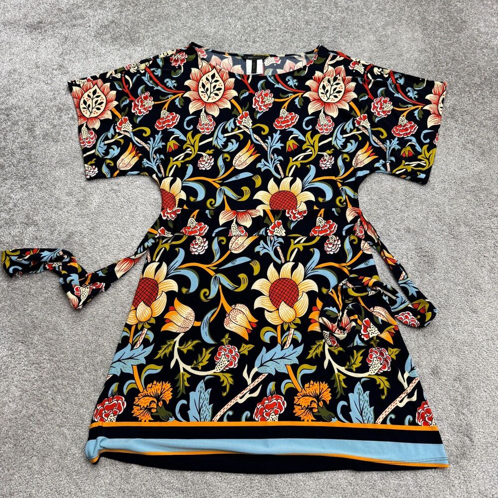 BCBGMaxAzria Black Floral Midi Dress with Yellow, Red & Blue Accents